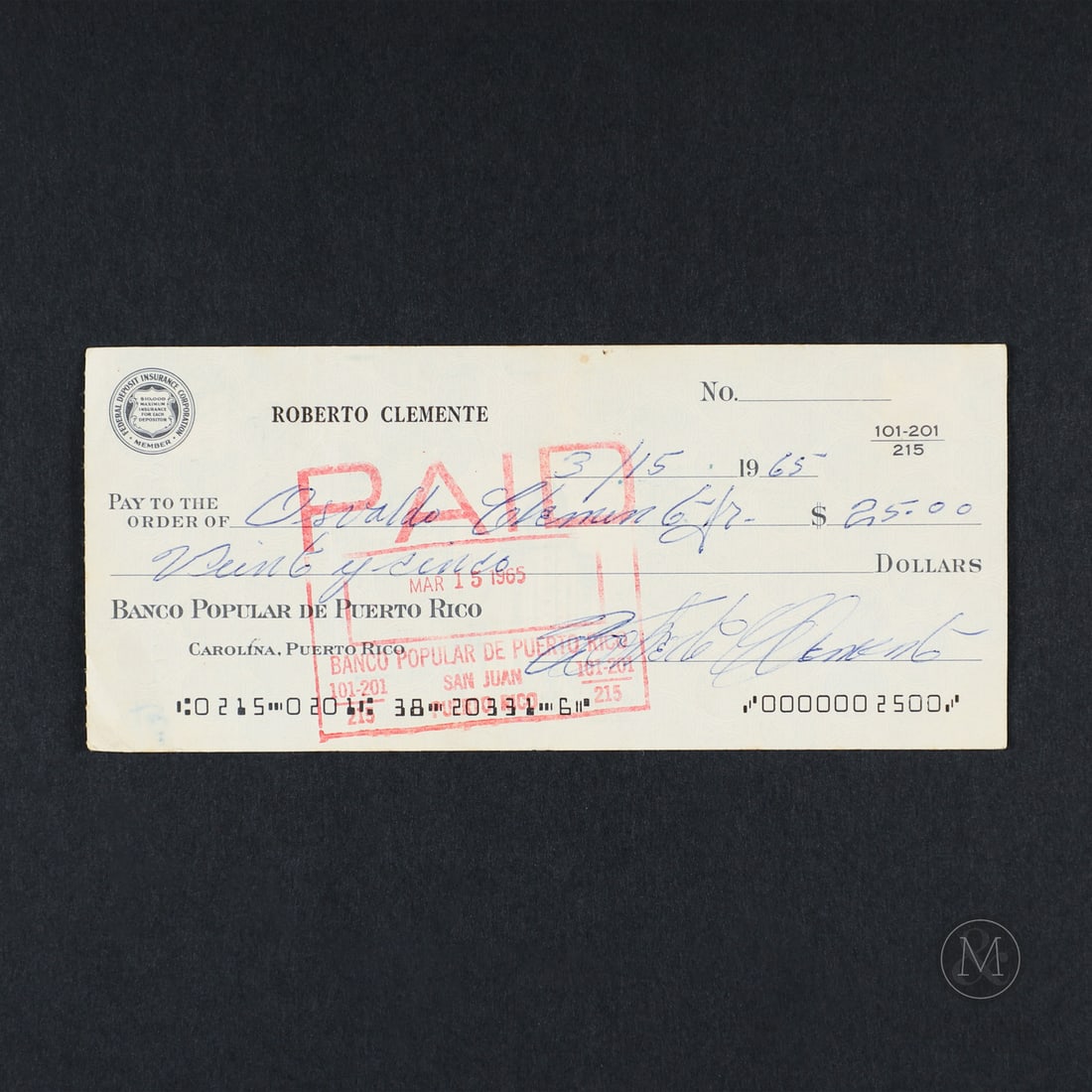 1965 Roberto Clemente Signed Cheque Made out to his Brother (JSA LOA): This financial document offered here is a personal glimpse into the life of Hall of Fame outfielder Roberto Clemente during the prime of his professional career. Dated March 15, 1965, the check was