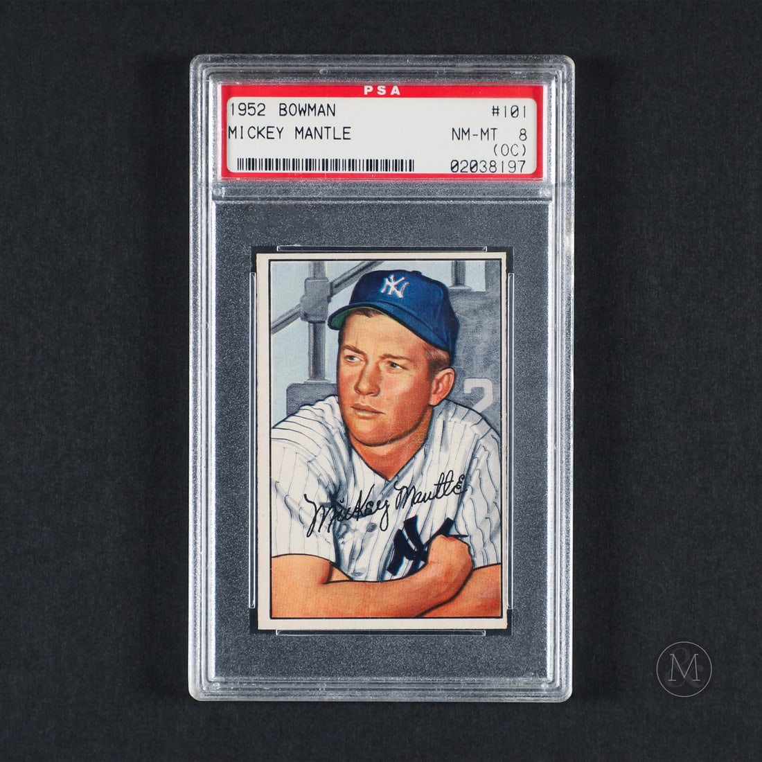 1952 Bowman #101 Mickey Mantle (PSA 8 (OC)): A fine example, this 1952 Bowman Mickey Mantle has been graded an 8 (OC) by PSA. Mickey Mantle amassed 536 career home runs and 1,509 RBIs while maintaining a .298 batting average and a .421 on-base