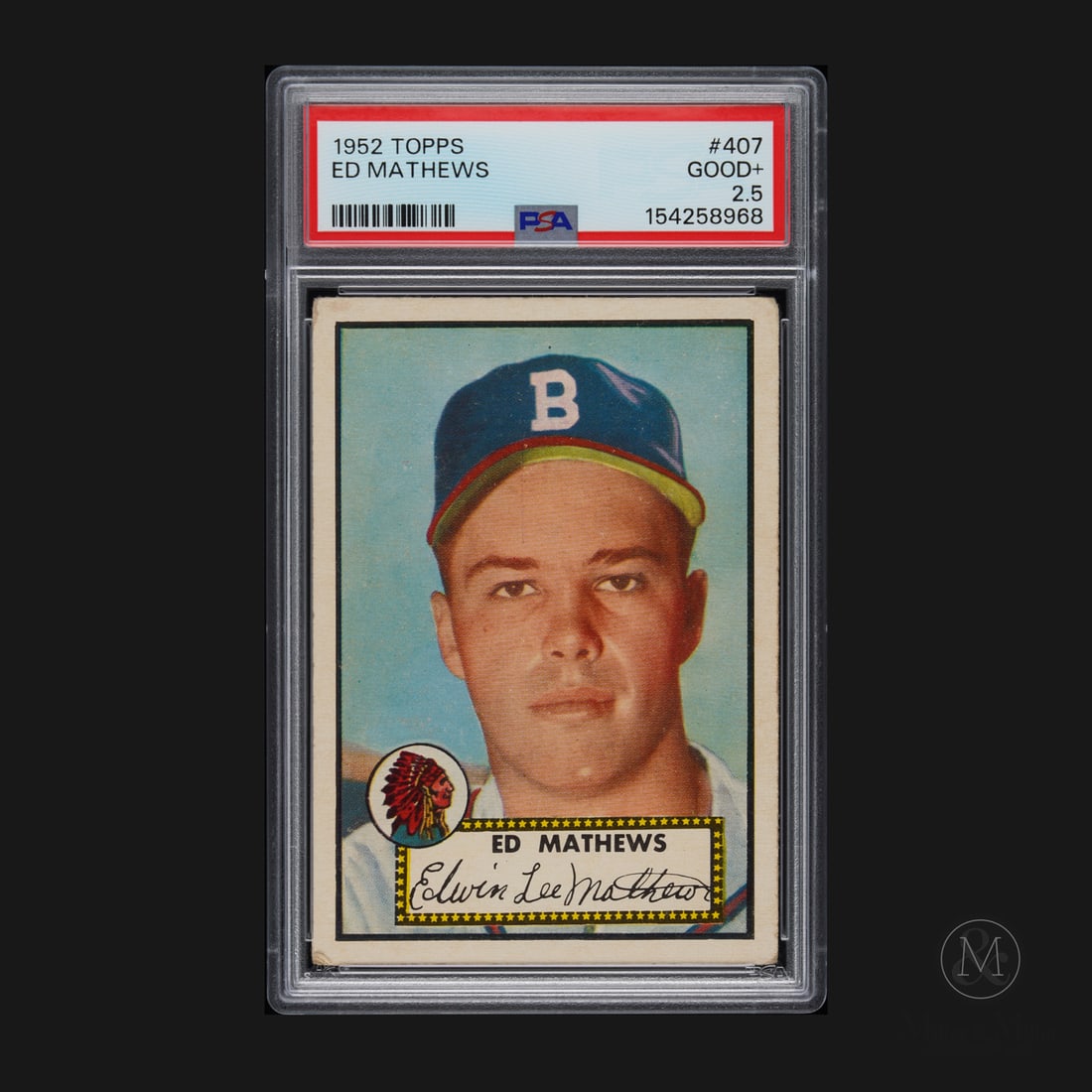 1952 Topps #407 Ed Mathews (PSA 2.5 GD+): A recent find, and a part of a single family-owned collection, this 1952 Topps #407 Ed Mathews rookie card has recently been graded by PSA. The #407 Mathews remains one of the toughest cards in the