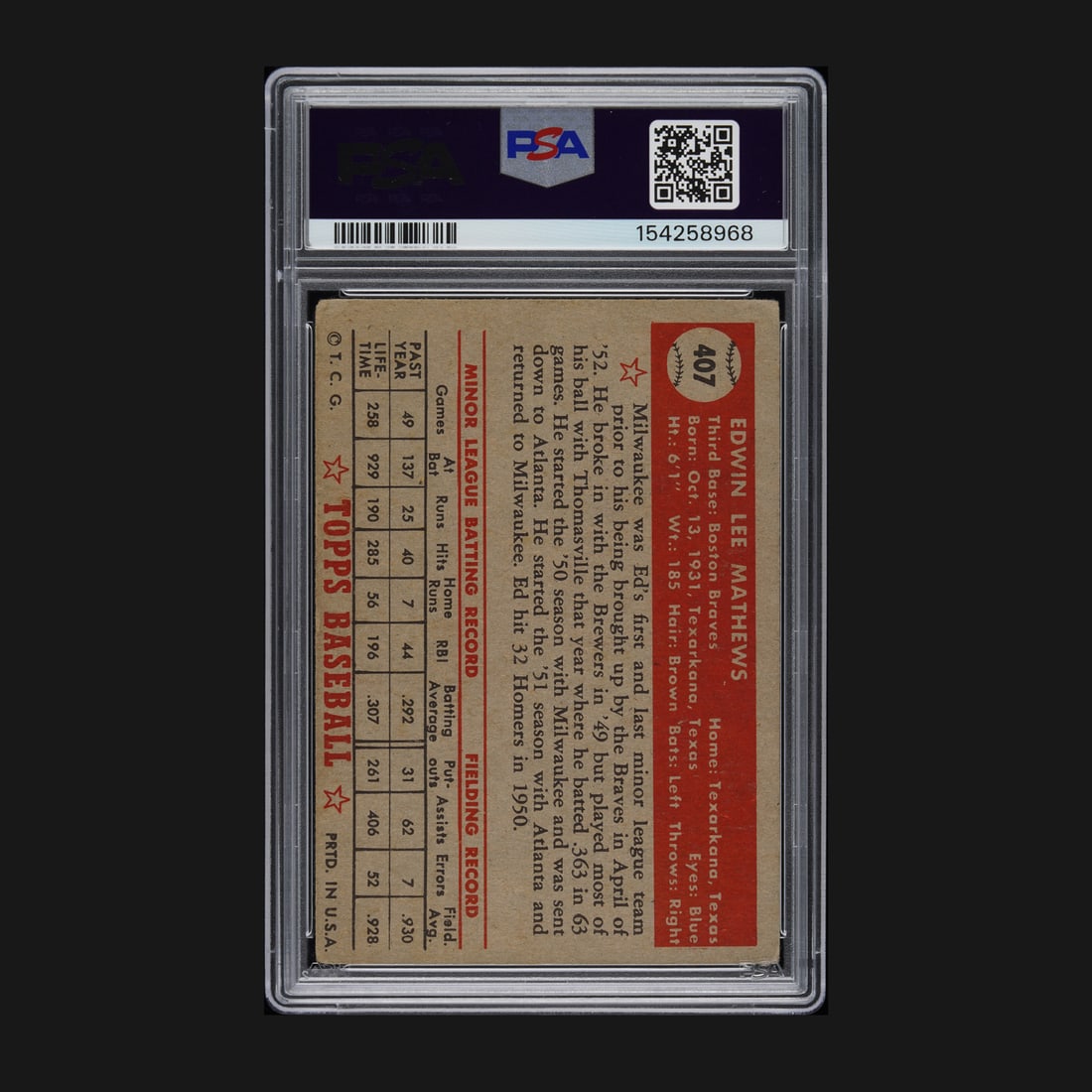 1952 Topps #407 Ed Mathews (PSA 2.5 GD+) - 2