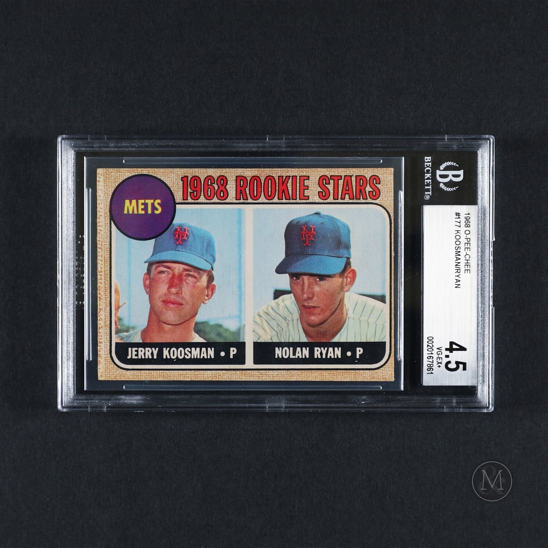 1968 O-Pee-Chee #177 Ryan/Koosman (BVG 4.5 VG-EX+): The 1968 O-Pee-Chee Nolan Ryan rookie offered here has been recently graded by Beckett. The 1968 O-Pee-Chee variation of Nolan Ryan's rookie card represents a scarcer example than the Topps-issued