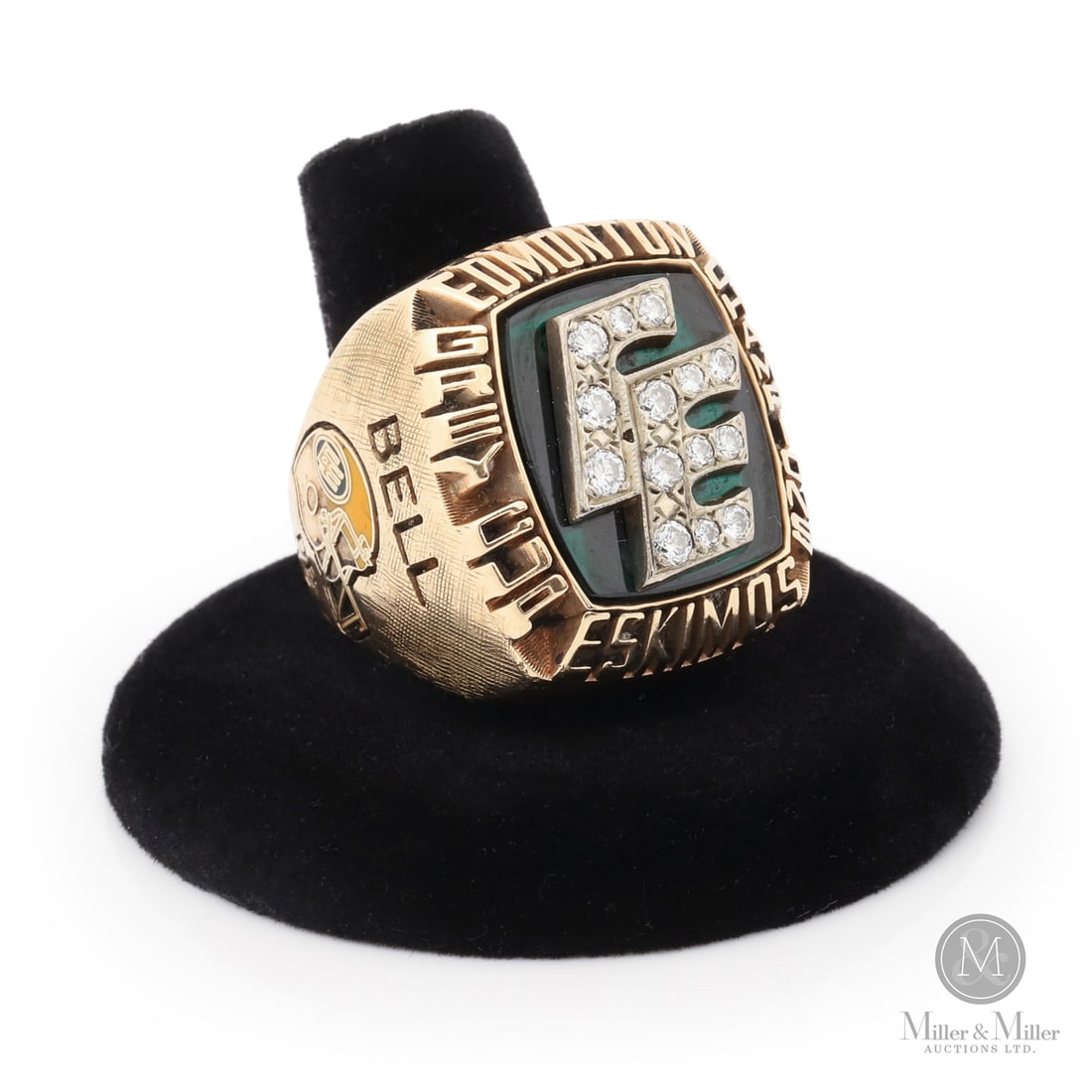 1987 James Bell Grey Cup Edmonton Eskimos Ring: Commemorating a thrilling 38–36 win over Toronto in the 75th Grey Cup, this exquisite championship ring was custom-crafted for James Bell, whose miraculous recovery from a spinal injury served