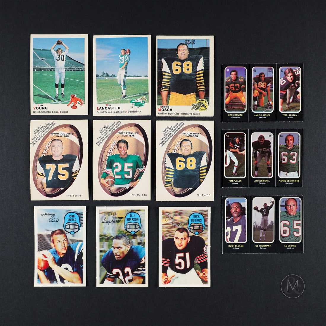 1970 OPC, 1972 OPC stickers and 1970 Kellogg's 3-D Football Sets: The group offered here includes the complete 1970 Kelloggs 3D Football Set (60/60), the complete 1970 O-Pee-Chee Football set (115/115) with extras and 16/16 Push out inserts. Rounding out the group
