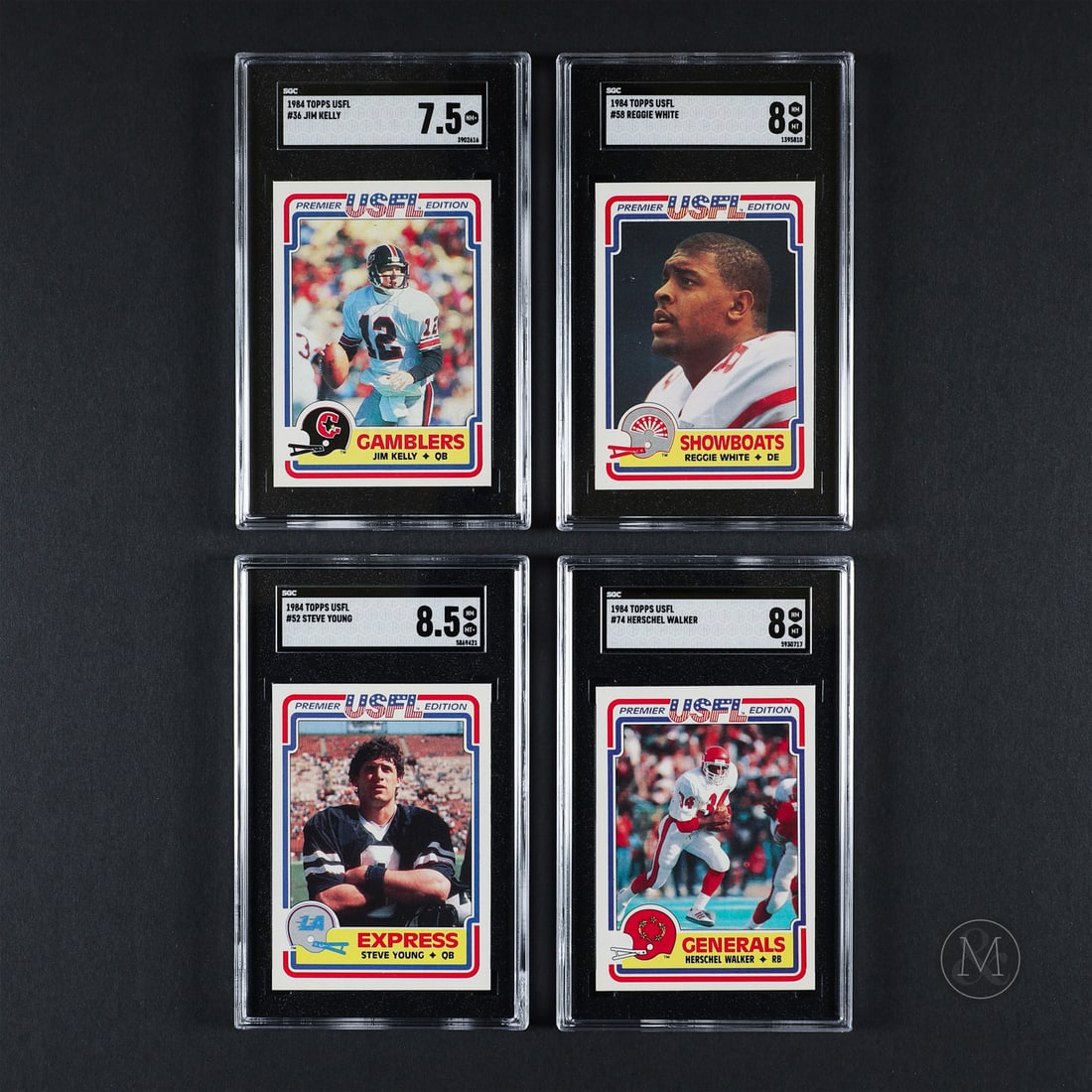 1984 Topps USFL Complete Set (132/132): Offered here is the complete 1984 Topps USFL set featuring "pre-rookies" of future NFL stars Jim Kelly, Herschel Walker, Steve Young, and Reggie White. The four stars are graded by SGC with card #52 S