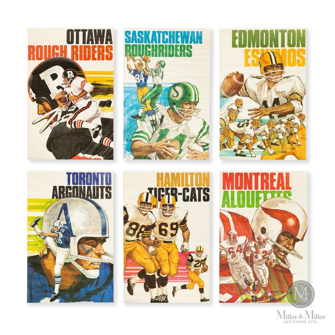 1970s CFL Posters (6): A visually striking group of six, these 36" x 23.5" posters were produced in the 1970s and feature artistic images for Edmonton, Saskatchewan, Toronto, Ottawa, Hamilton, and Montreal. Each poster is