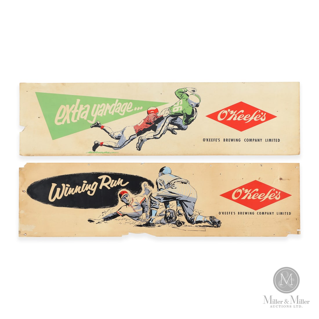 Pair of O'Keefe Baseball and Football Ads: The pair of O'Keefe cardstock advertisements offered here is a unique sports and beer advertising collaboration. One example titles "winning run," shows a baseball player sliding into home plate,