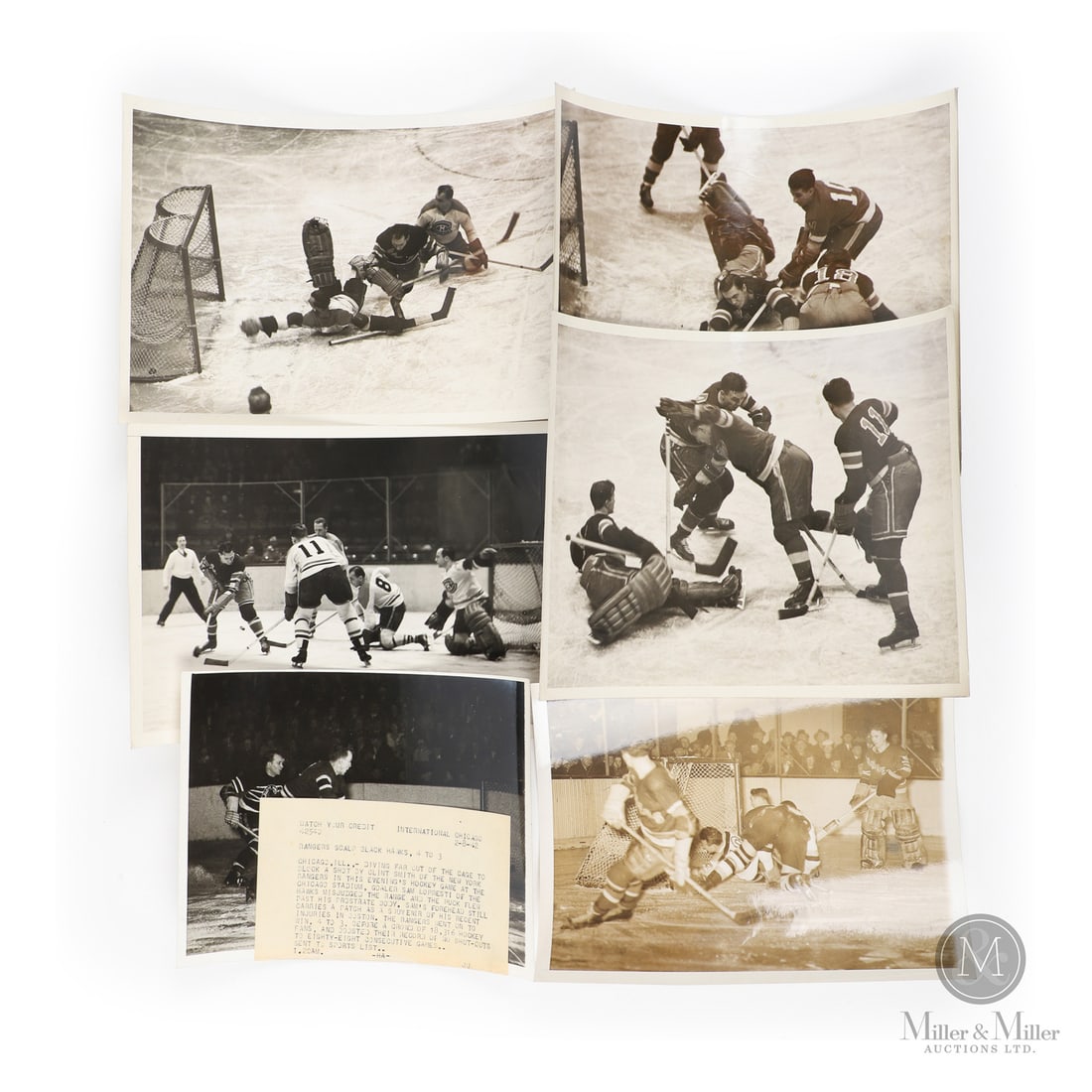 1940s NHL Action Newscast Original Photos (6): This group includes six NHL action photos, five from the International News Photos Chicago, and one from the Associated Press. Photos include a February 8, 1942, Chicago-New York action shot of Clint