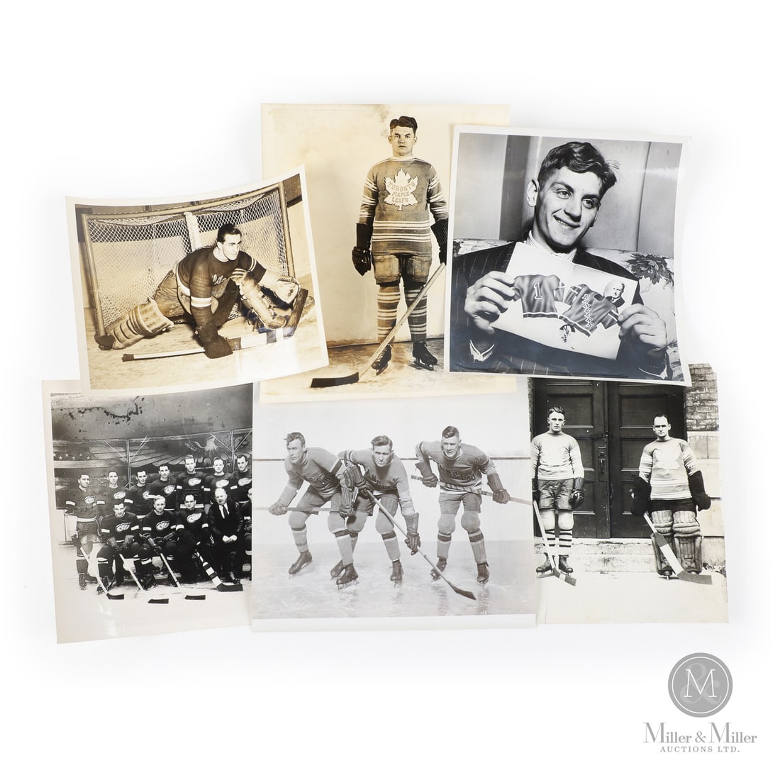Early NHL Hockey Photos (6): Offered here is a unique group of early NHL hockey photos. The group includes a Turofsky 1933-34 Detroit Red Wings Team photo. An Alexandra Studios stamped 1941-42 Jim Henry rookie photo. Frank