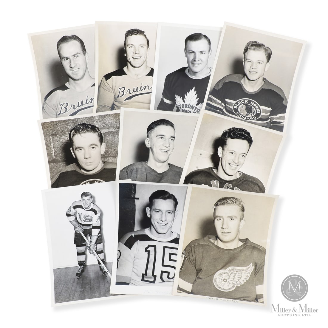 Group of Turkofsky and Alexandra Hockey Headshots (10): The group of early hockey photos offered here includes Danny Lewicki (Turofsky), Milt Schmidt (Turofsky), Bill Quakenbush (Unstamped), Hal Laycoe (Unstamped), Ted Lindsay (Turofsky), Emile Francis (Un