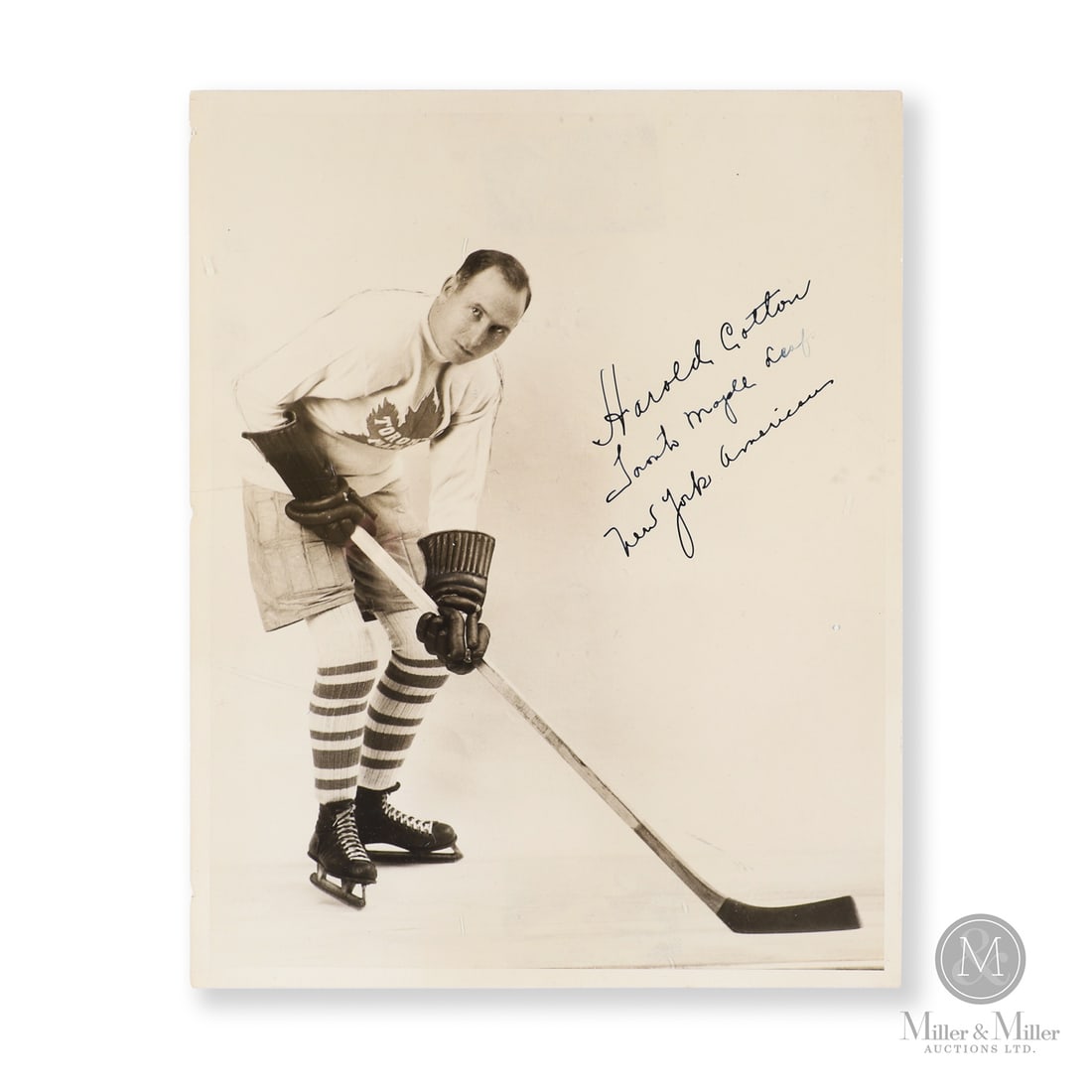 Harold Cotton Signed Original Photo (KSA LOA): This 8" x 10" full-player image of Harold Cotton is signed boldly on the facing side by the Toronto Maple Leafs left winger and Stanley Cup Winner. Cotton played in the NHL for 13 seasons from 1925-19