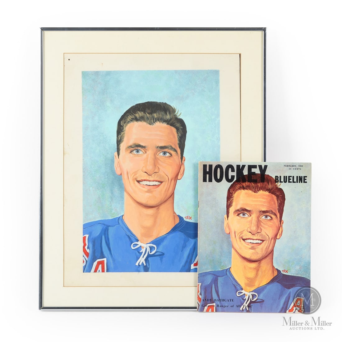 1959 Tex Coulter Original Cover Art of Andy Bathgate: Commissioned for the February 1959 issue of Hockey Blueline, this Tex Coulter work features Hall of Fame inductee Andy Bathgate. The magazine, which is included here, describes Bathgate as "The