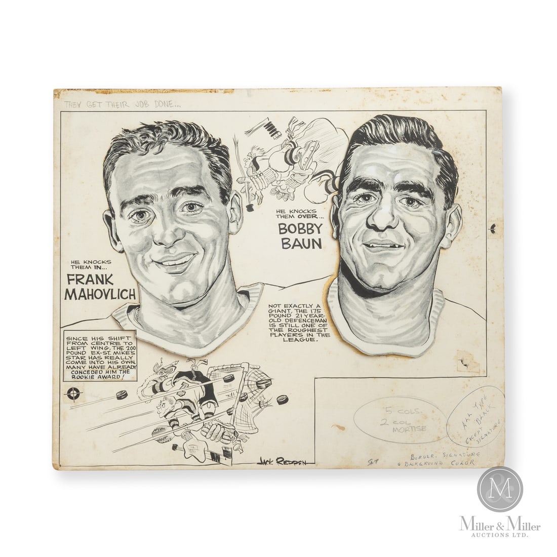 Jack Reppen Cartoon Hockey Concept Art: Jack Reppen was known for supplying the Toronto Star with cartoon art for the night's hockey game. The original concept piece, done in Jack's hand, offered here was likely used by The Star to produce 