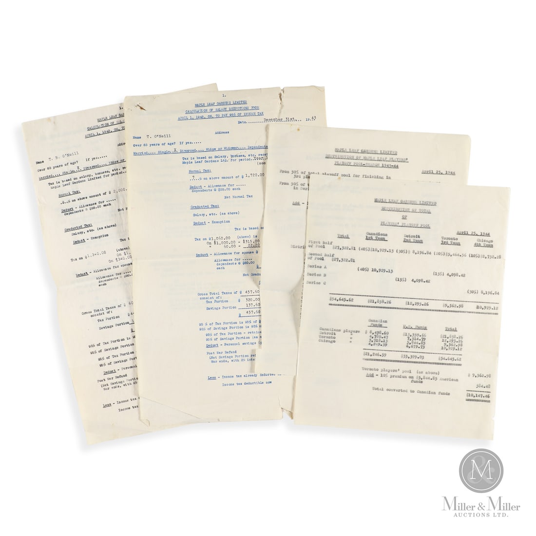 1943-1944 Toronto Maple Leafs Tax and Bonus Documents: A unique grouping, these documents are issued by Maple Leaf Gardens Ltd. and reference the 1943-1944 season. Two of the five documents are related to the distribution of Maple Leaf Playoff pool money