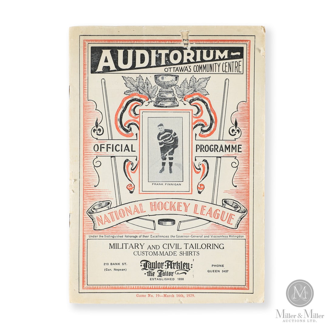 March 16, 1929 Ottawa Auditorium Program: The March 16, 1929, Ottawa Auditorium program offered here features a game between the Ottawa Senators and Toronto Maple Leafs, where Ottawa won 2-0. The cover of this program features a full player i