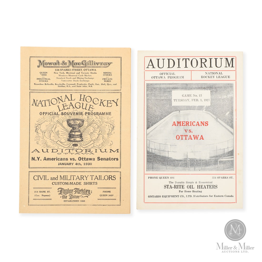 Ottawa Auditorium 1927 & 1930 NHL Programs: The pair of programs offered here includes an NHL February 1, 1927 game between the Ottawa Senators and New York Americans and a January 4, 1930 program featuring the same two teams. The February 1, 1