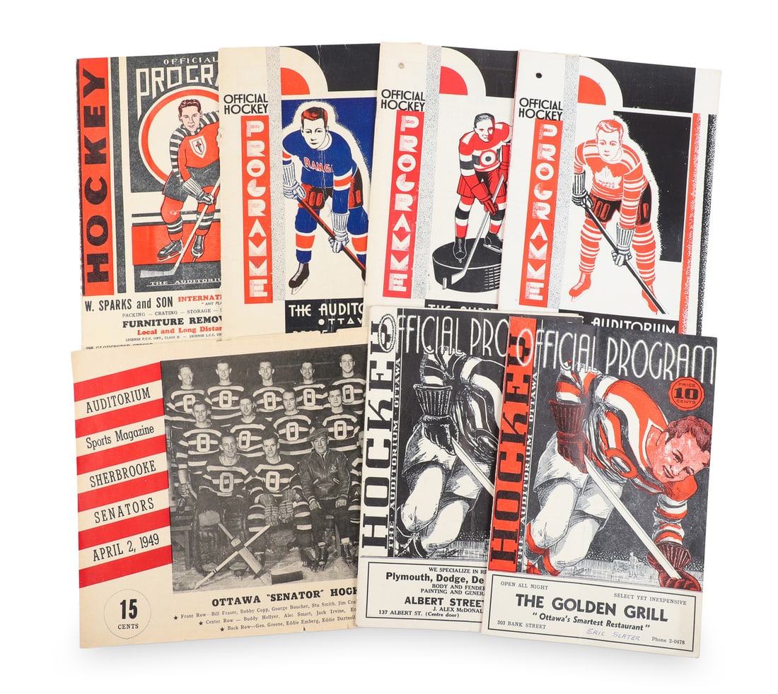 Collection of Early Ottawa Auditorium Programs Featuring Carnegie (7): Included in this group is an April 2, 1949, program featuring Herb Carnegie for Sherbrooke against the Saints. A rare game where the Carnegie brothers faced off against each other. 1933-1934 Ottawa-Ne