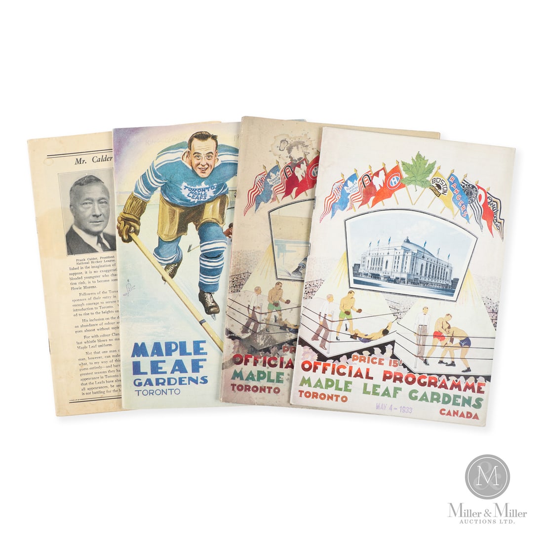Collection of Early 1930s Maple Leaf Gardens Programs (4).: Offered in this grouping are four 1930s Maple Leaf Gardens programs from the early days of the Gardens. Included is a November 23, 1935 game where Toronto fell 5-2 to Montreal (Clancy cover), a 1933
