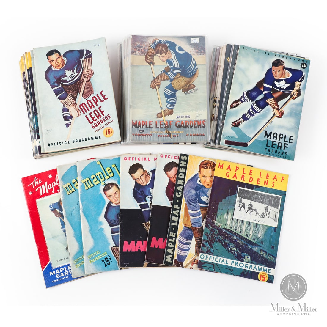 1930-1940s Maple Leaf Gardens Junior Hockey Programs (46): The 46 programs offered here span the 1930s and 40s and feature junior hockey competition at Maple Leaf Gardens. The collection features the 1939 Memorial Cup Final, Allan Cup final games, and a