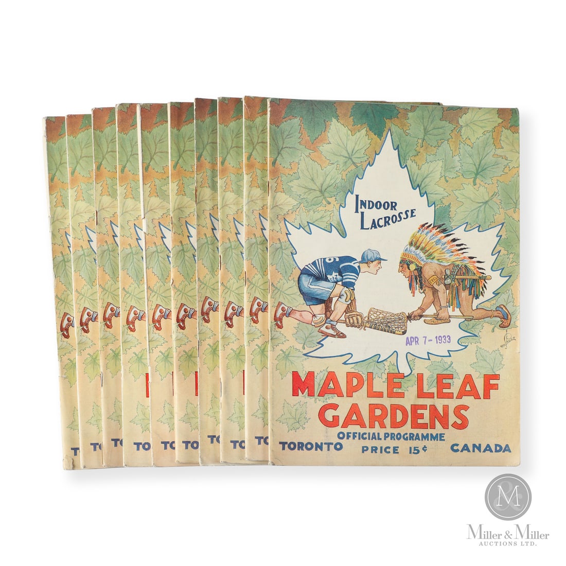 1933 Maple Leaf Gardens Indoor Lacrosse Cover Programs (10): The nine programs offered here are from the spring of 1933. The programs include an April 6, 1933 Regina St. Pats vs Newmarket program, an April 3, 1933 program which relates to game 5 of the NHL