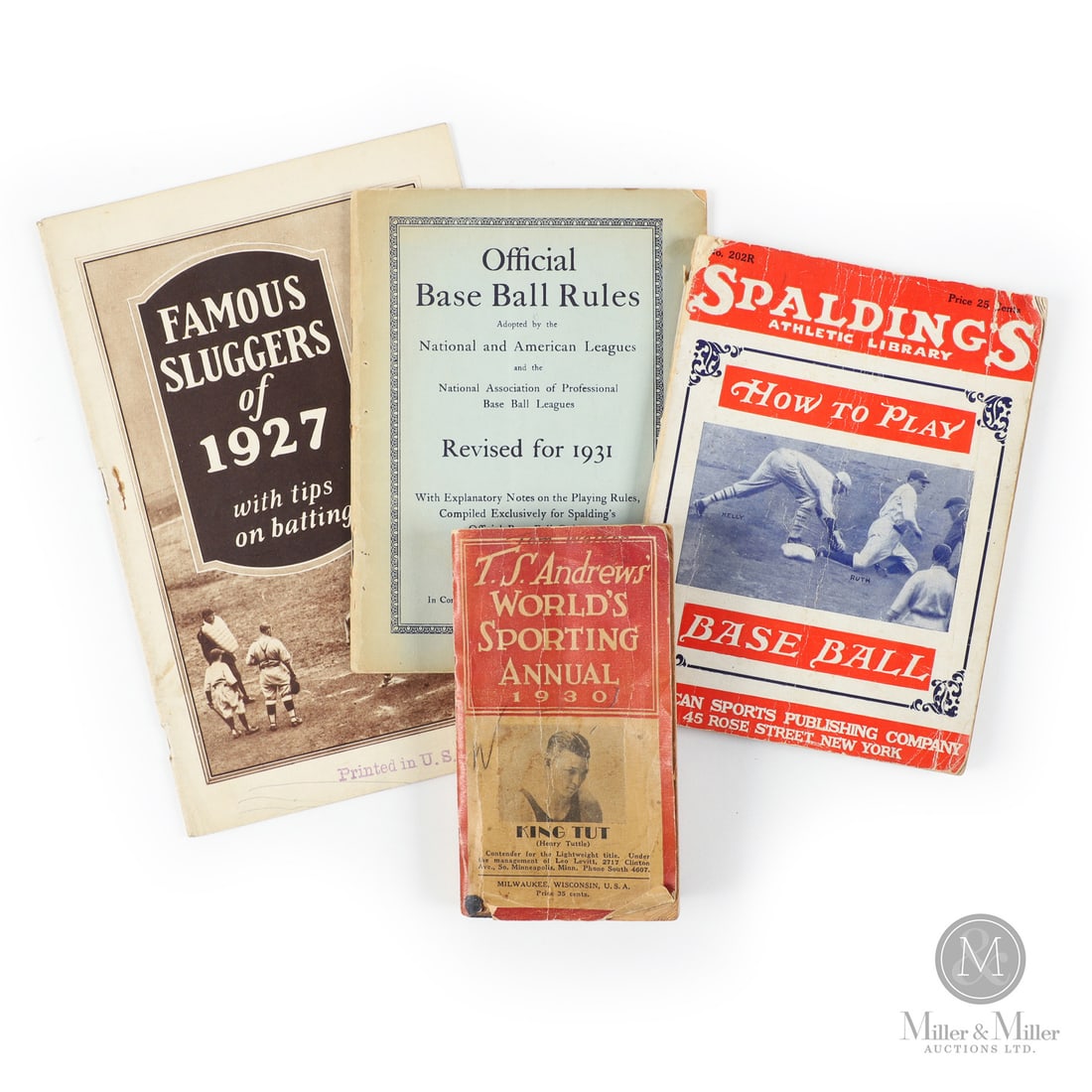 Early Sporting Books (4): The group of four early sporting books offered here are highlighted by a 1927 "Famous Sluggers" book featuring excellent images of Babe Ruth and Lou Gehrig among many others. Also included is a 1930