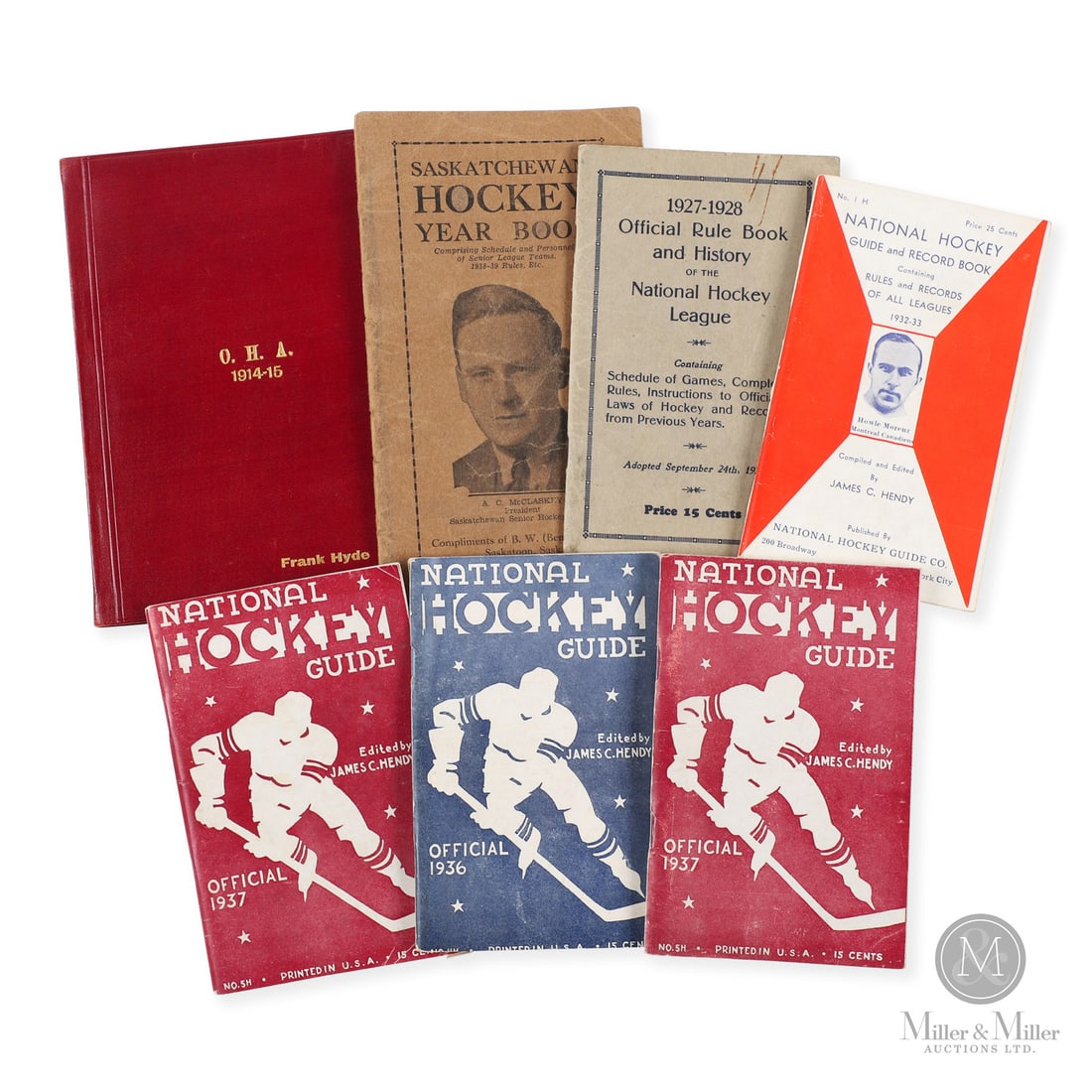 Collection of Early NHL Guides and Rule Books (7): Included in this group is a 1932-1933 NHL Guide and record book featuring Howie Morenz, a pair of 1937 NHL hockey guides, a 1936 NHL Hockey Guide, a 1927-1928 NHL Rule Book and History, a 1938-1939 Sa