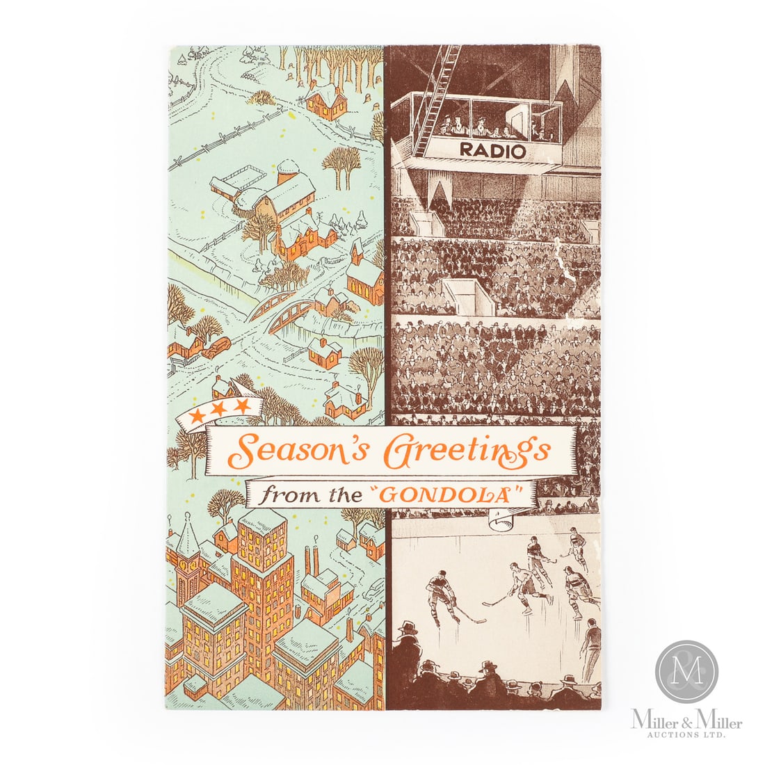 Maple Leaf Gardens Broadcaster Pamphlet Featuring Foster Hewitt: "Greetings From the Gondola" dawns the front cover of this broadcasting pamphlet featuring Foster Hewitt and Percy LeSueur. The single-fold pamphlet was likely a Christmas season handout from the Mapl