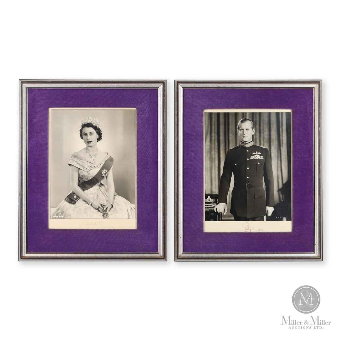 Queen Elizabeth II and Prince Philip Signed Photographs (JSA/LOA): Known to hang in public spaces like arenas, city halls and government buildings, this exceptional pair of three-quarter length Royal portraits from 1953–1954 features larger-than-standard
