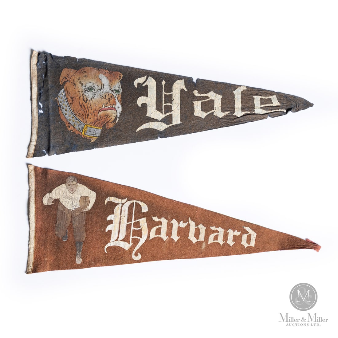 C. 1910 Harvard and Yale Pennants and Football Program: A superb early pair, this duo of Harvard and Yale football pennants is a rare survivor. The two Ivy League schools represent the long-term pinnacle of both sport and academic excellence. The Harvard