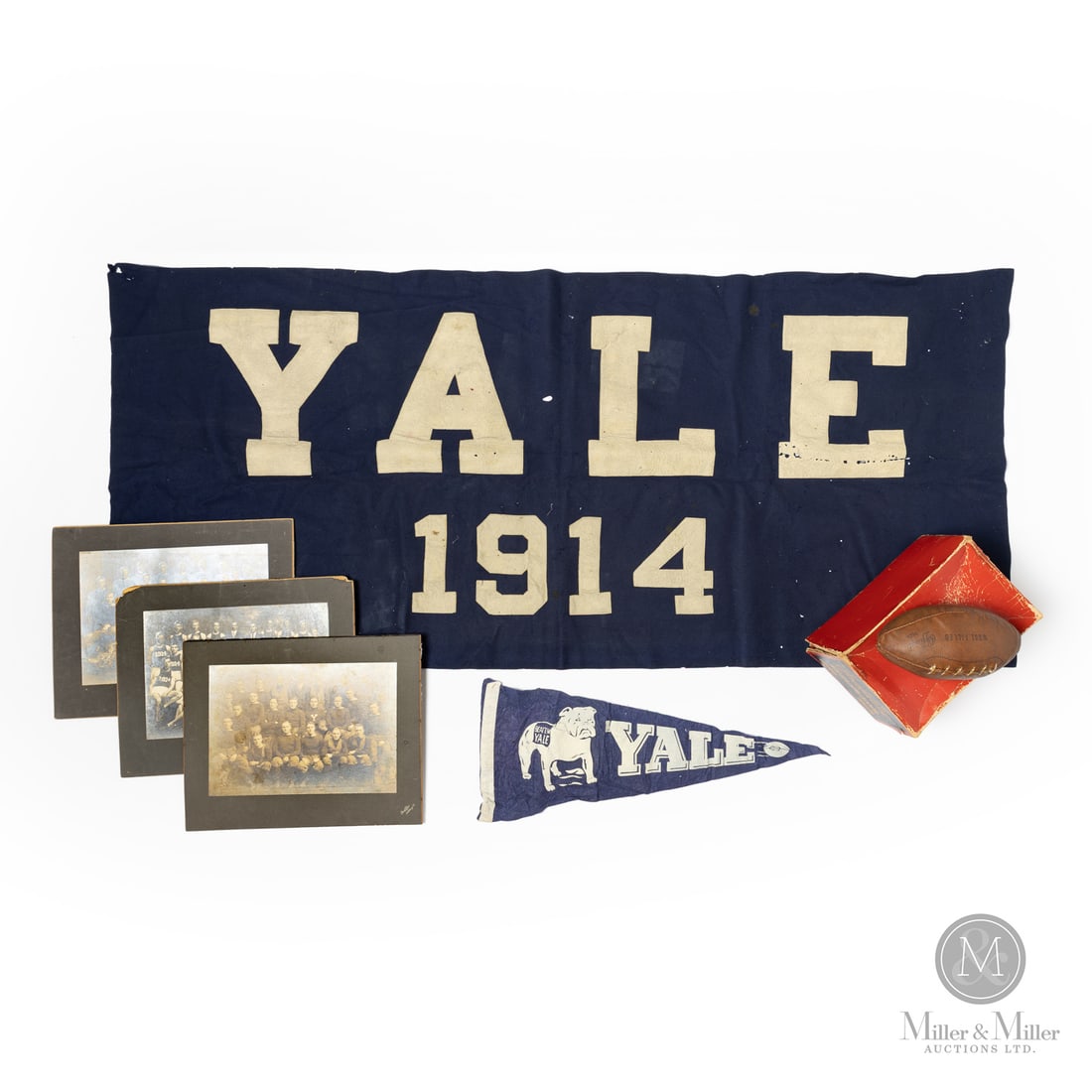 1914 Yale Banner, Pennant, Football, and Photos: The grouping of Yale memorabilia offered here includes early insights into the sporting history of one of the most famous football schools of all time. The group includes a 1914 felt banner, an early