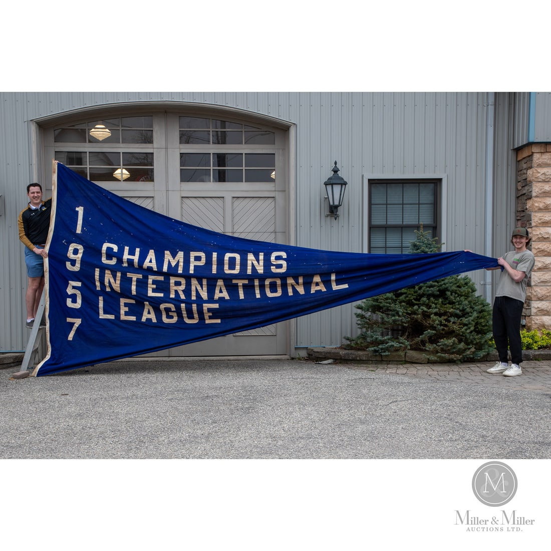 1957 Toronto Maple Leaf Baseball Championship Banner: This historic 1957 Toronto Maple Leafs championship banner, fashioned in the shape of a pennant, originates from the storied Maple Leaf Stadium and resides in the monumental size of 9 feet 4 inches