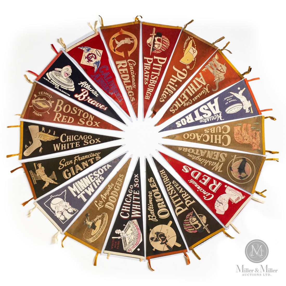 Early MLB Pennants (18): A superb collection, the 18 pennants offered here include early examples from teams across Major League Baseball and generally range from the 1940s to the late 1950s. All items are guaranteed