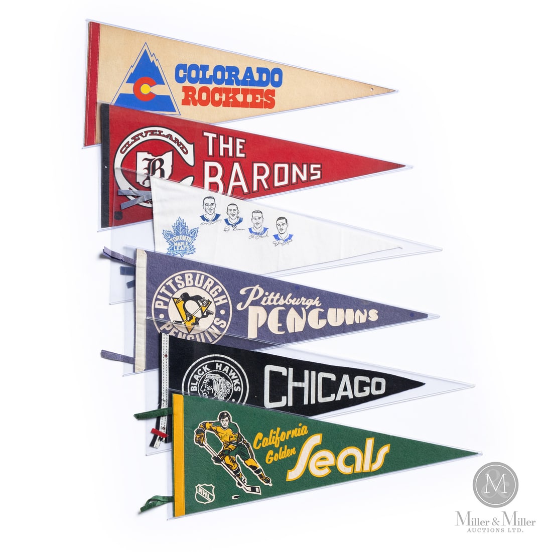 NHL Pennants (6): The collection of six pennants offered here includes a 1970-1976 California Golden Seals, an early Chicago Black Hawks, a 1970 Pittsburgh Penguins, an early Toronto Maple Leafs example with 1962-1963
