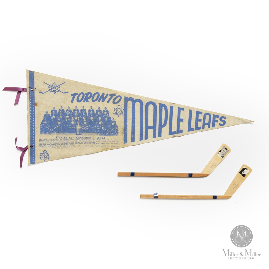 1961-1962 Maple Leafs Stanley Cup Pennant & Tim Horton/Dave Keon Mini Sticks: The group offered here includes a pair of Toronto Maple Leaf Mini Sticks featuring Dave Keon and Tim Horton. Rounding out the group is a 1961-1962 Toronto Maple Leafs Stanley Cup Pennant. Sticks