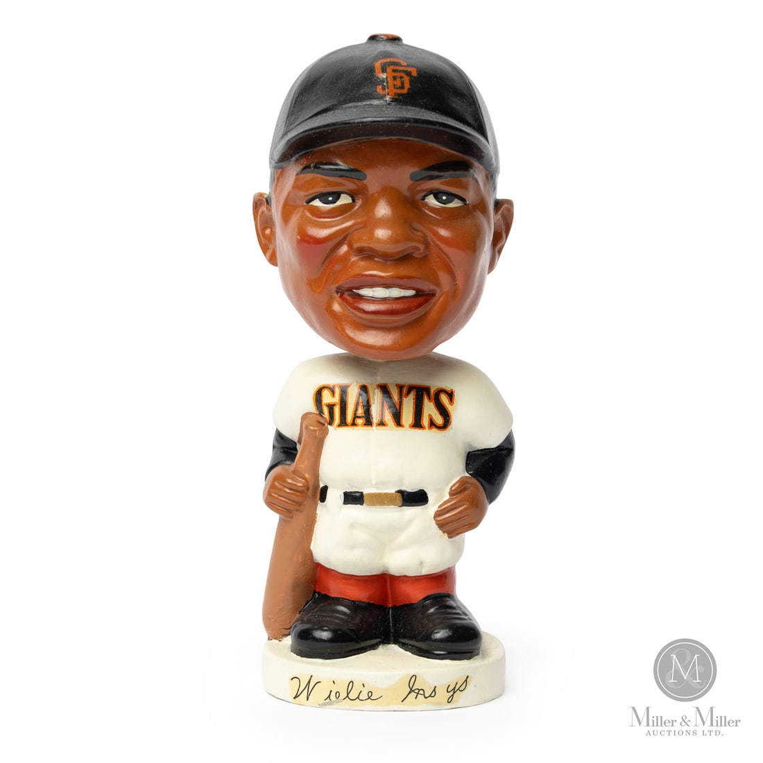 1962 Willie Mays Bobblehead Nodder: The 1962 Willie Mays Nodder offered here is superb. The nodder is marked underneath, noting its manufacturing in Japan and the date of 1962. All items are guaranteed authentic by Miller & Miller