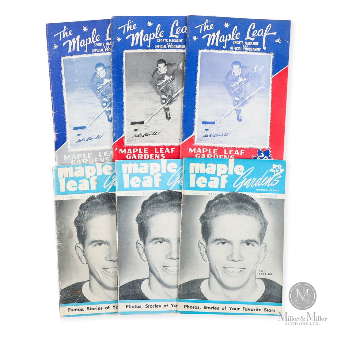 Collection of Bill Barilko Cover Programs w/ 1950-1951 Stanley Cup Final (6): Offered here are six programs featuring legendary Toronto Maple Leaf on the cover, Bill Barilko. Included in the group is a significant Saturday, April 14, 1951, game 2 of the Stanley Cup Final progra