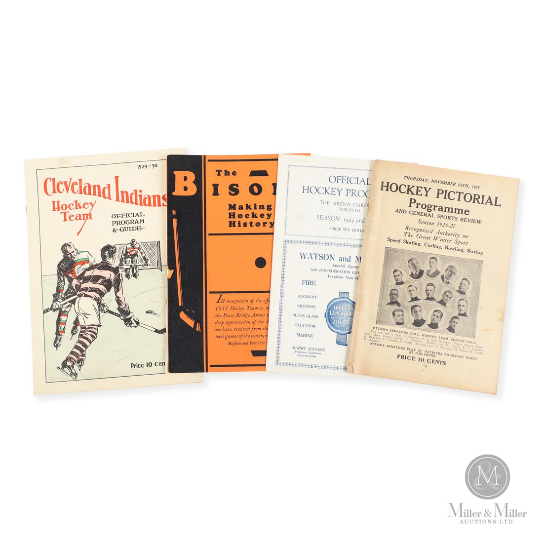1920s Hockey Programs Including Frank Nighbor Signed (4): Offered here are four programs from the early days of hockey. Included is a November 25, 1926, Ottawa Senators vs Toronto St. Pats 2-2 tie on goals by Clancy and Finnigan. A 1929-1930 Cleveland Indian