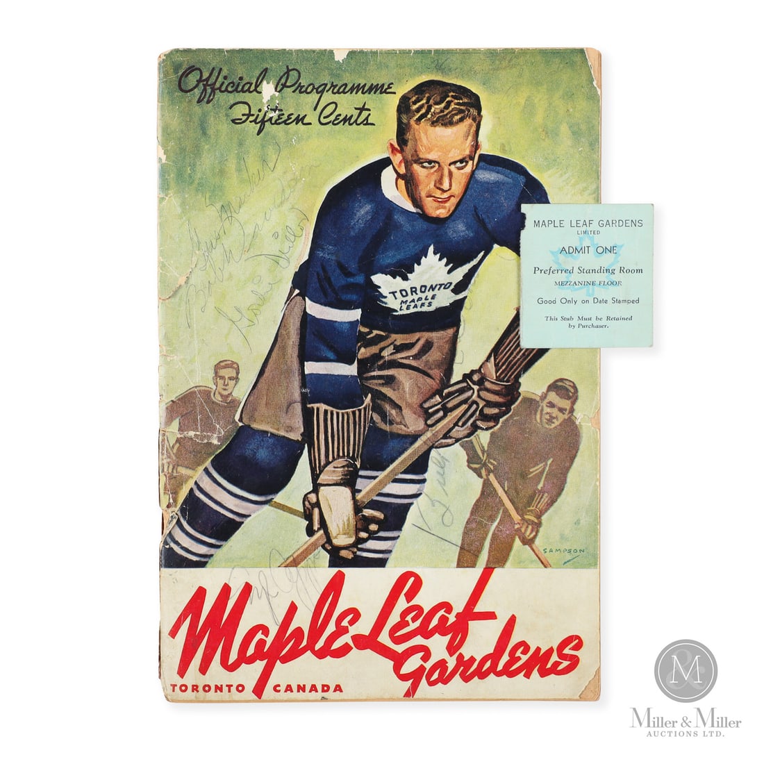 1940 Maple Leaf Gardens Signed Program With Ticket Sub: The 1940-1941 Toronto Maple Leafs program offered here has been signed by many members of the team including: Gus Marker, Bob Davidson, Gordie Drillon, Syl Apps, and "Bucko" McDonald on the front cove