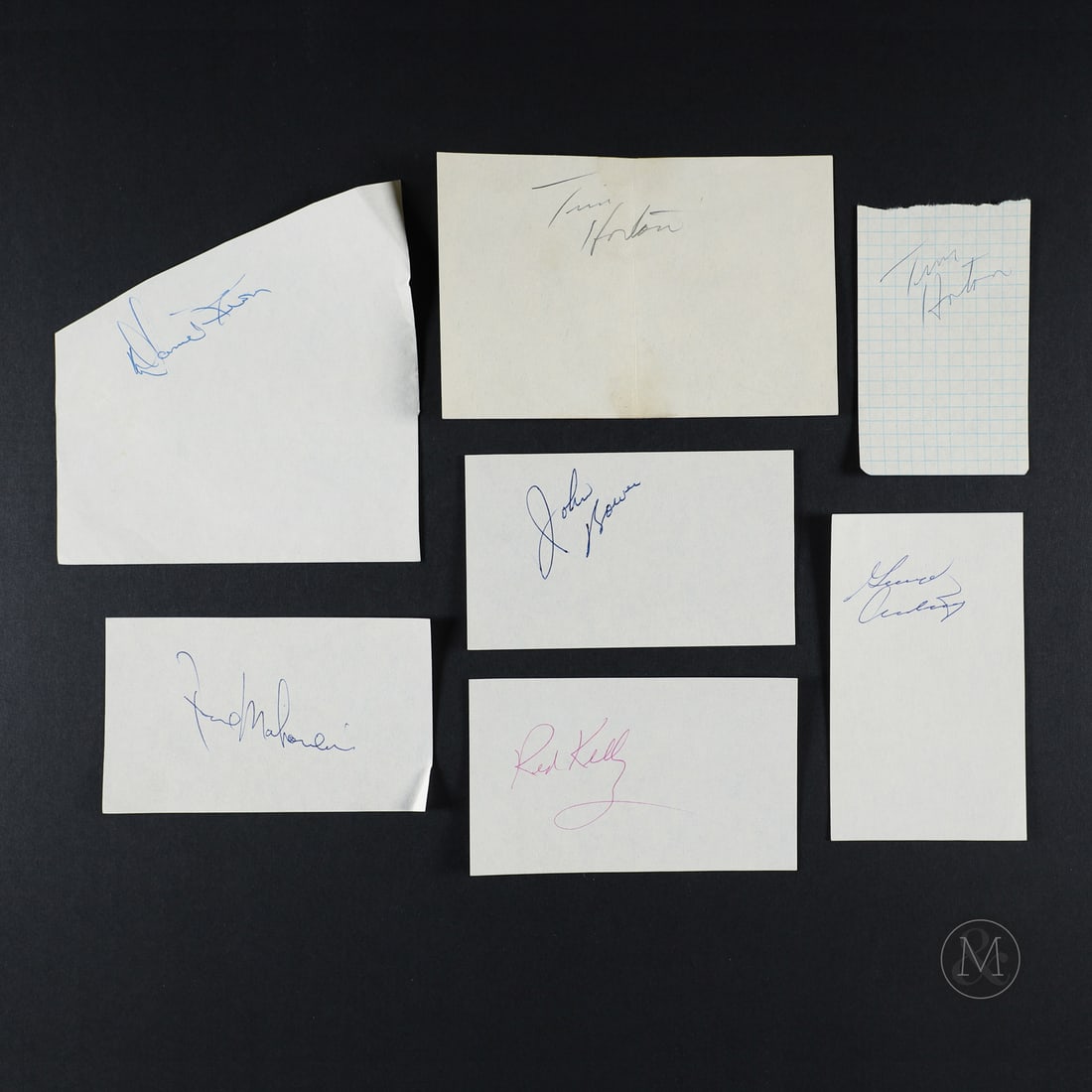 Collection of 18 Autographs w/ Horton: The group of Toronto Maple Leafs cut autographs offered here includes: George Armstrong, Red Kelly, Johnny Bower, Frank Mahovlich, Dave Keon, Tim Horton (2), Rod Seiling, Bobby Baun, Bob Pulford, Ed