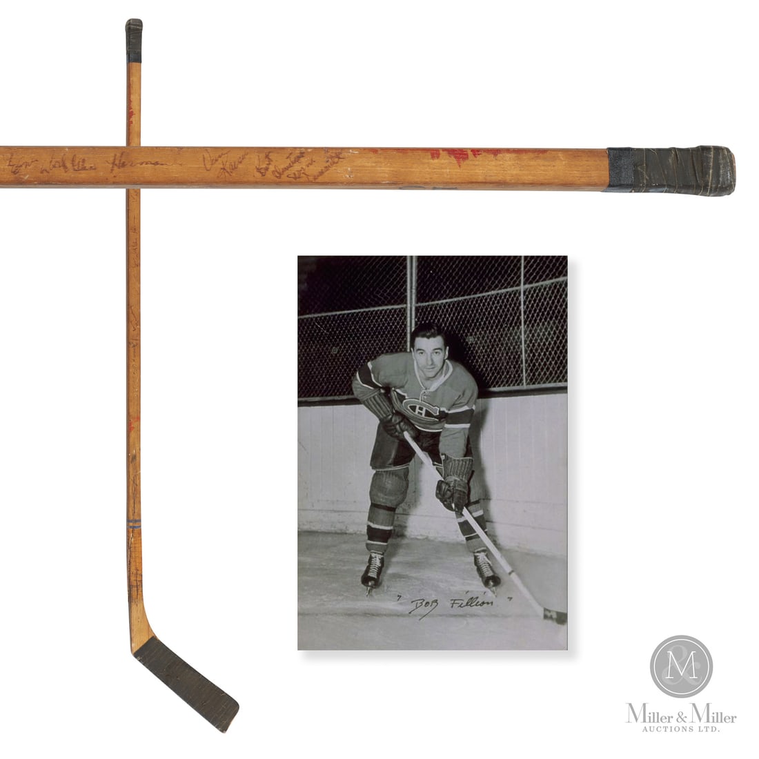 Tom Johnson's Early 1950s Game Used and Signed Montreal Canadiens Stick: Tom Johnson's game-used early 1950s Jimmy McNiece “Super Special” Hand Made model stick offered here has been signed by Doug Harvey, Elmer Lach, Tom Johnson, Bert Olmstead, Glen Harmon,