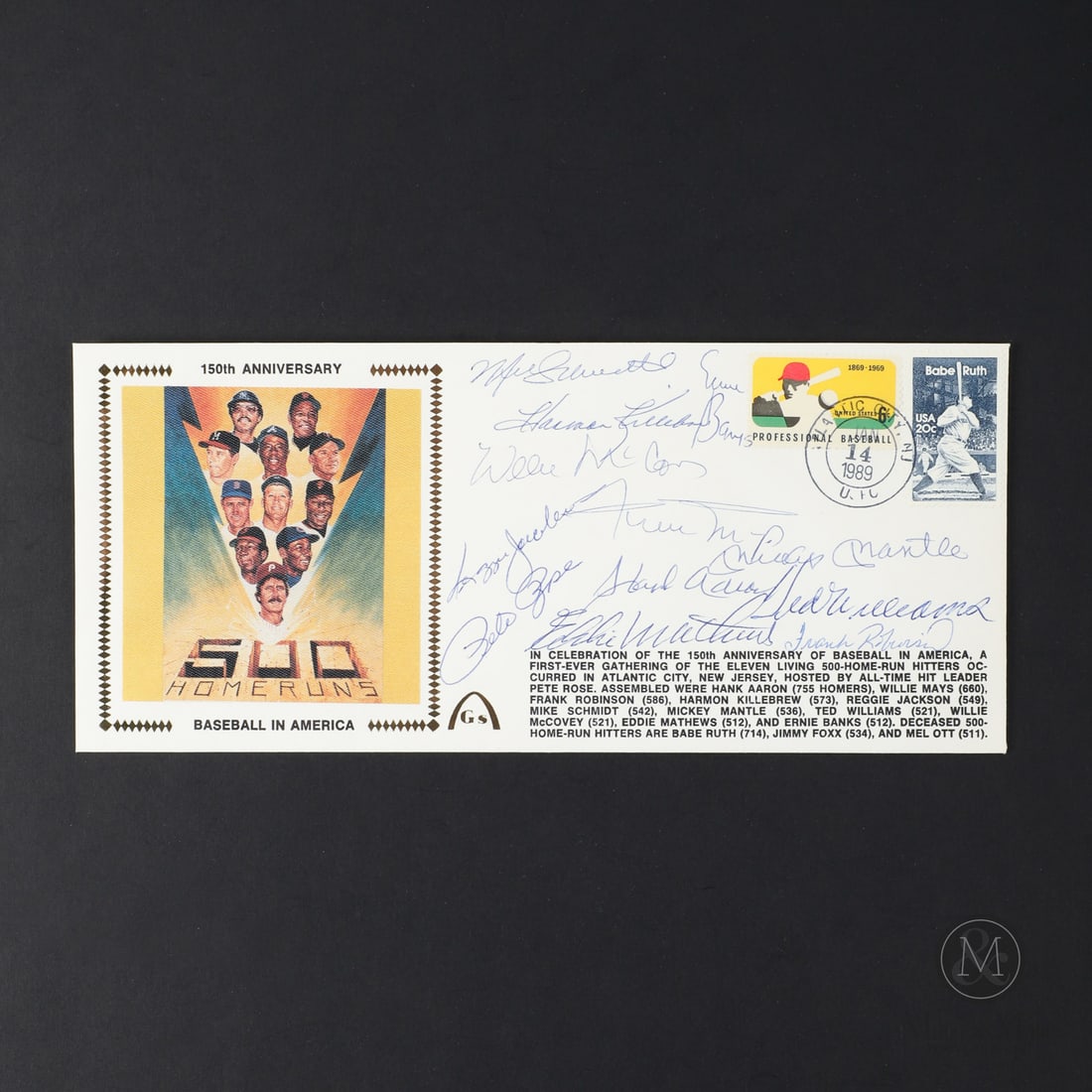 500 Home Run Club Signed Envelope: Offered here is an envelope commemorating the 150th Anniversary of Baseball signed by all eleven 500 Home Run club members featured in the image on the envelope, as well as all-time hit leader, Pete R