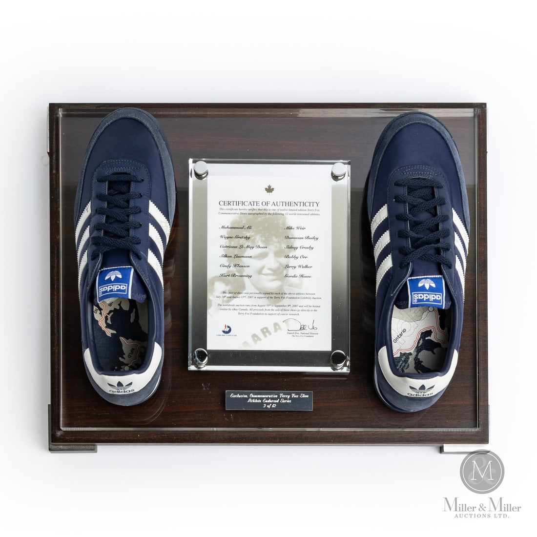 Terry Fox Replica Shoes Signed by Monumental Group of 12: In 2007, a list of some of the most influential Canadians and sports figures of the time signed 12 pairs of Terry Fox's replica shoes to be auctioned in support of his foundation. Terry Fox is one of