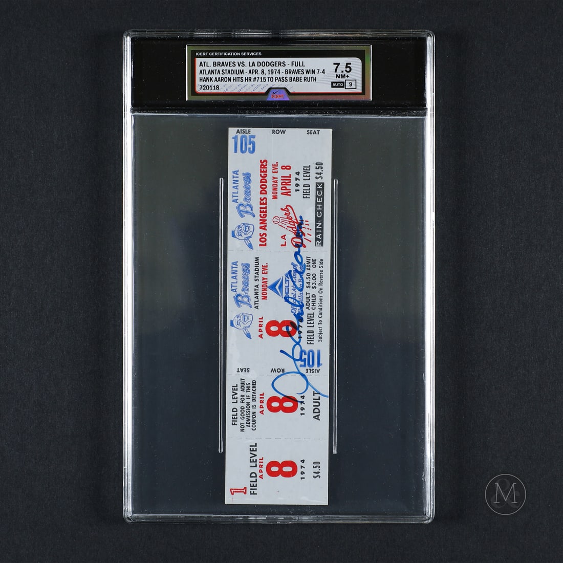 April 8, 1974 Hank Aaron 715th Home Run Signed Ticket (Icert 7.5): This incredibly scarce full ticket serves as a pristine witness to the evening of April 8, 1974, when Hank Aaron eclipsed Babe Ruth’s legendary career total by launching his 715th home run.