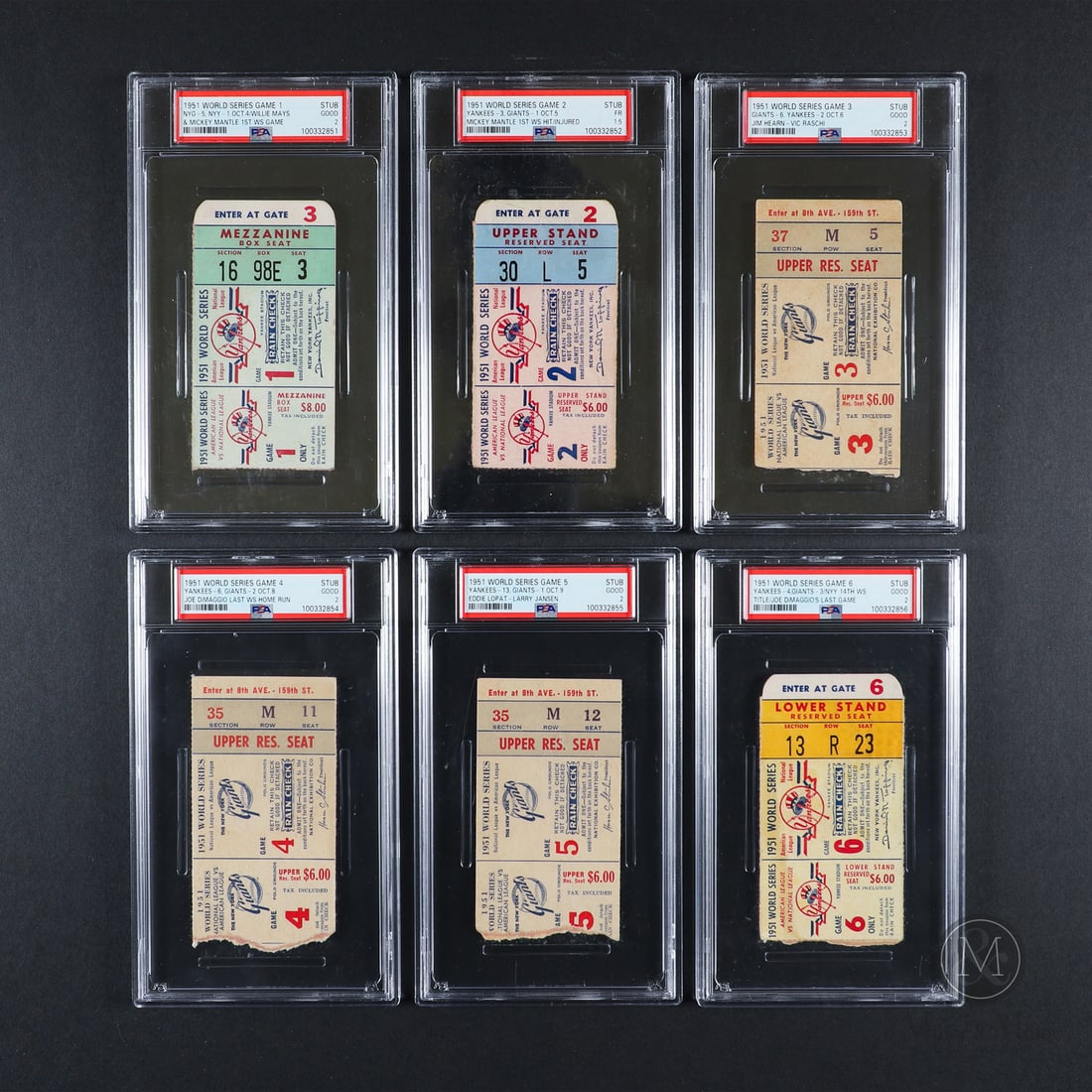 1951 World Series Ticket Stubs PSA-Graded Complete Set (6): This comprehensive collection features a complete run of six ticket stubs from the historic 1951 Subway Series, representing one of the most significant "passing of the torch" moments in baseball