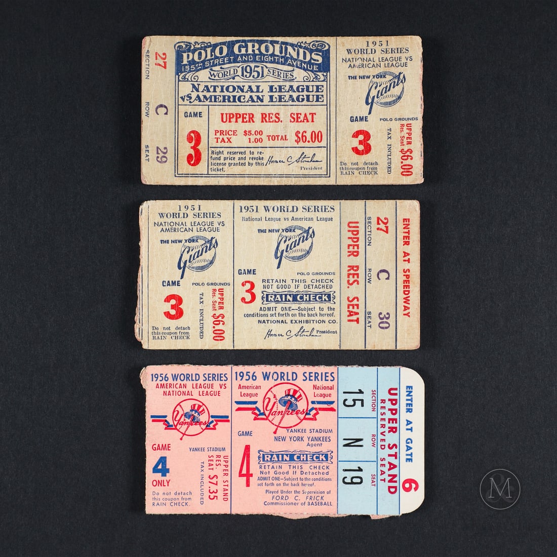 1951 World Series Game 3 (2) and 1956 World Series Game 4 (1) Ticket Stubs: Offered here is a pair of side-by-side ticket stubs from Game Three of the 1951 World Series in which Willie Mays had his first World Series hit. Also included is a 1956 World Series Game Four ticket