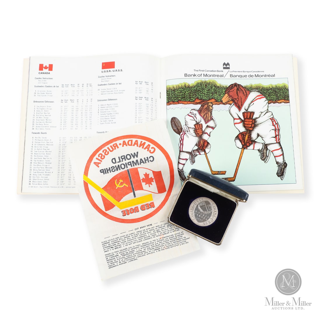 1972 Summit Series Coin, Transfer, and Program: The 2-ounce sterling silver medallion would have been issued to players, coaches, and VIP's who were involved in the 1972 Canada-Russia Summit Series. The medal is housed in a striking Canada-U.S.S.R.