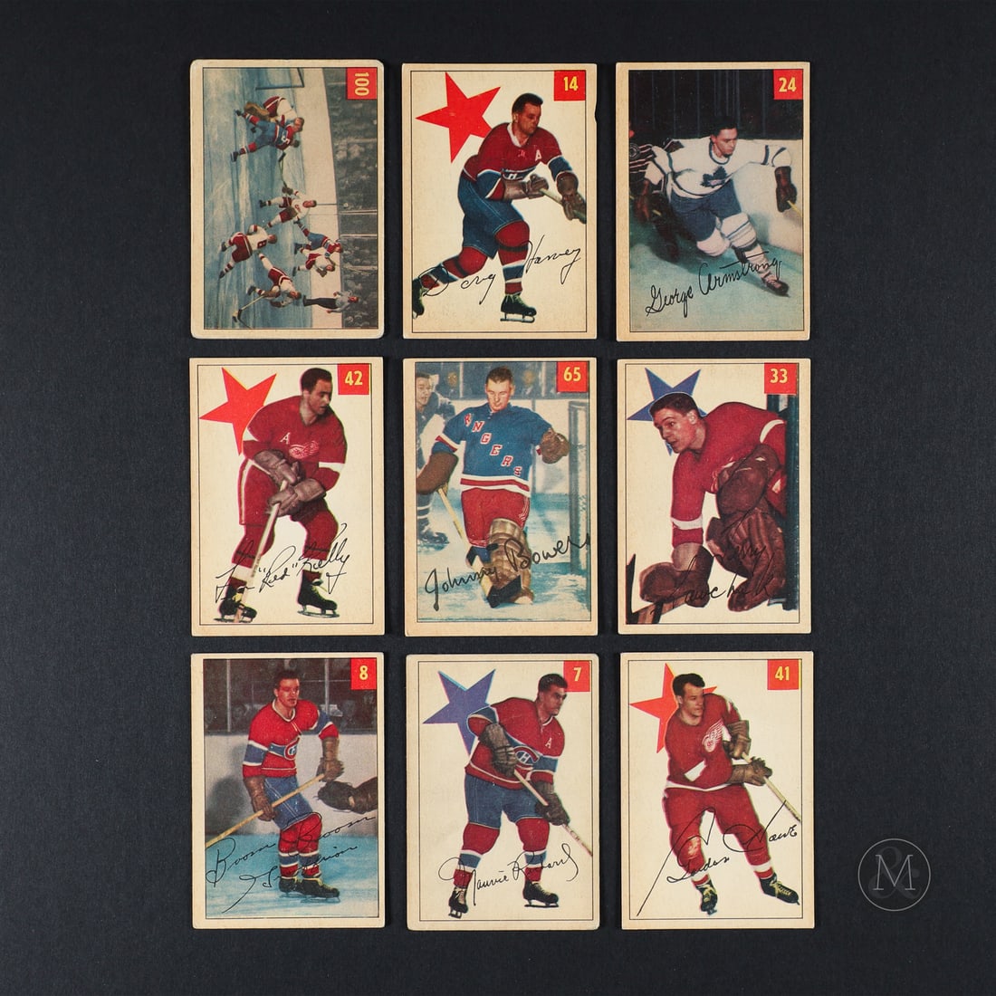 1954 Parkhurst Partial Set (58/100): Offered here is a partial set, including 58/100 cards in the 1954 Parkhurst set. The group includes card #4, 6, 7, 8, 9, 10, 11, 12, 13, 14, 15, 17, 18, 19, 23, 24, 26, 32, 33, 38, 40, 41, 42, 43,