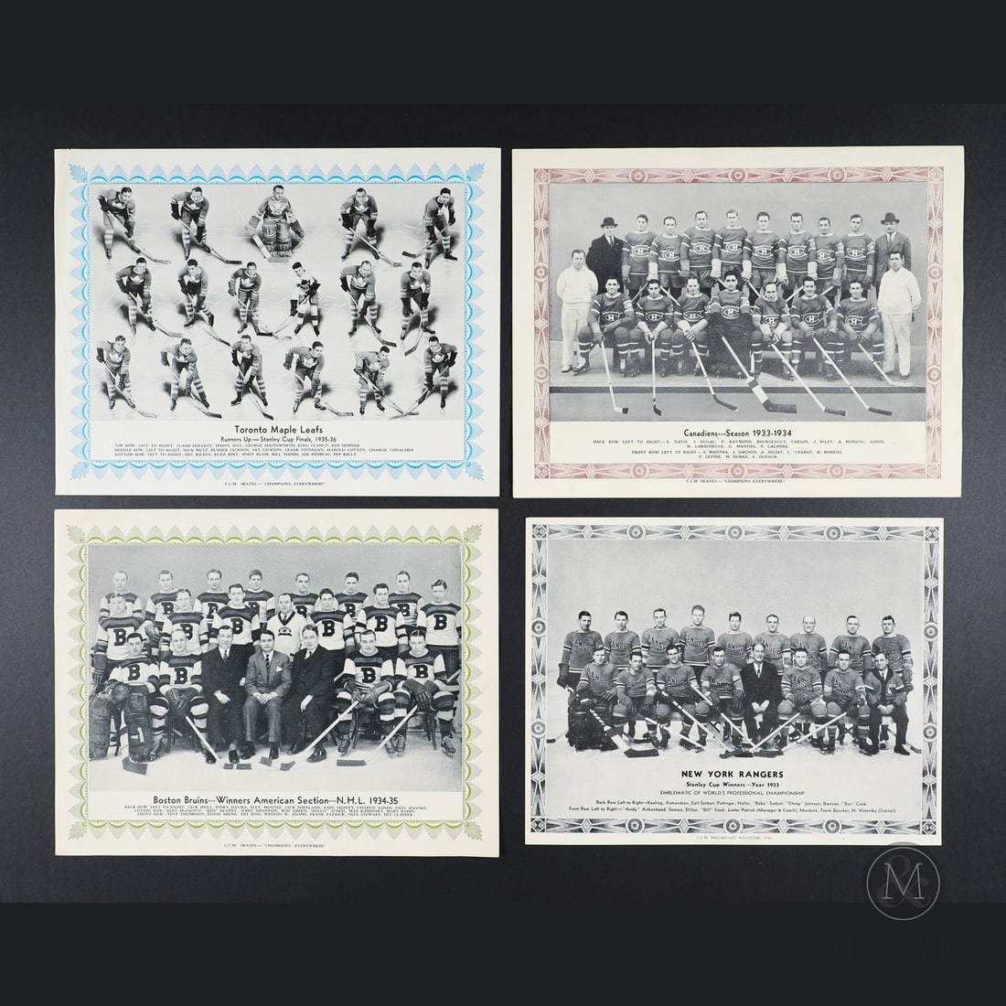 1933-1936 CCM Complete Grey, Blue, Brown, and Green Border Picture Sets: The group offered here includes the complete 1934-1935 green border (10/10), 1933-1934 Brown Border (12/12) with extra Moncton Hawks, 1935-1936 Blue Border (7/7), complete 1933 Grey Border (6/6), a se