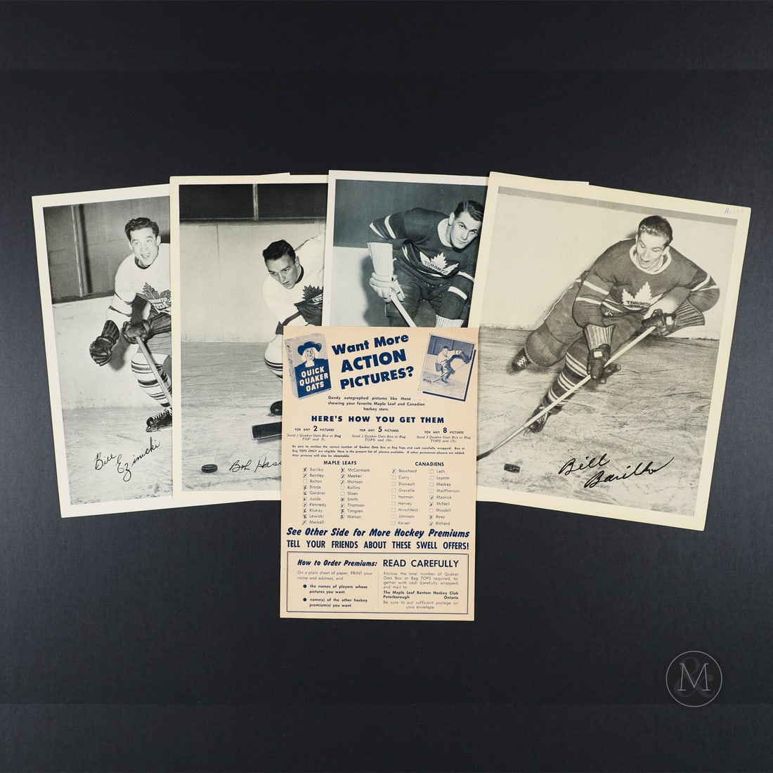 1945-1954 Quaker Oats Toronto Collection (51): Over nine years, from 1945-1954, Quaker Oats of Canada offered fans the chance to redeem proof of purchase for black-and-white 8" x 10" photos of Montreal Canadiens and Toronto Maple Leafs players.