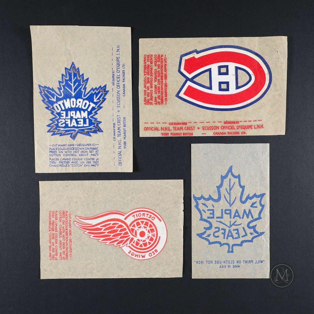 1962-1963 Iron-On Transfers (4): The group of four iron-on transfers offered here are from the 1962-1963 season, representing an exciting grouping of unique hockey collectibles. The transfers were collected and designed to be ironed