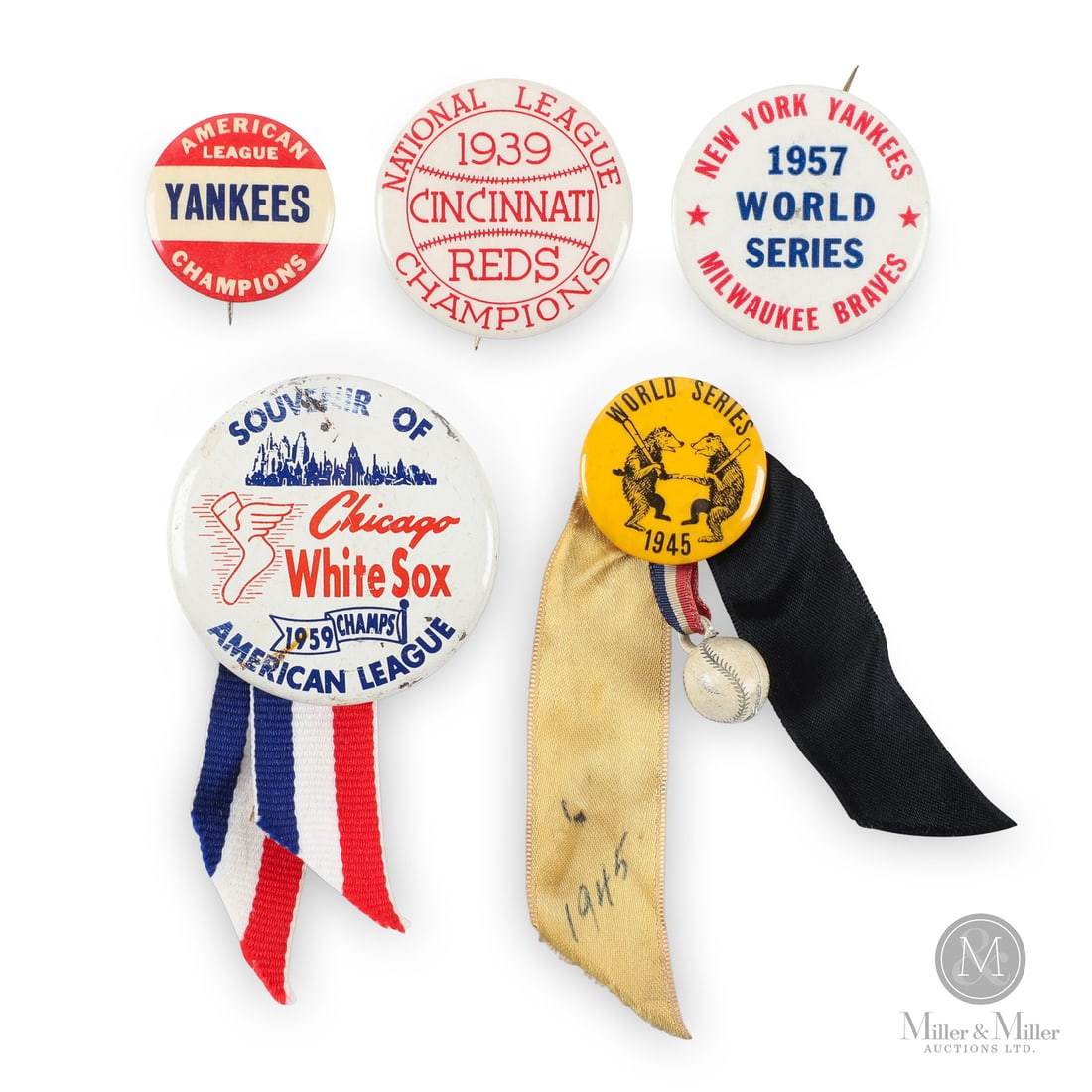 1930s-1950s MLB Championship Pins (5): The group of 5 MLB pins offered here celebrate Championship teams from across the 1930s-1950s. Highlighting the group is a 1945 World Series pin showcasing the Chicago Cubs' return to the World